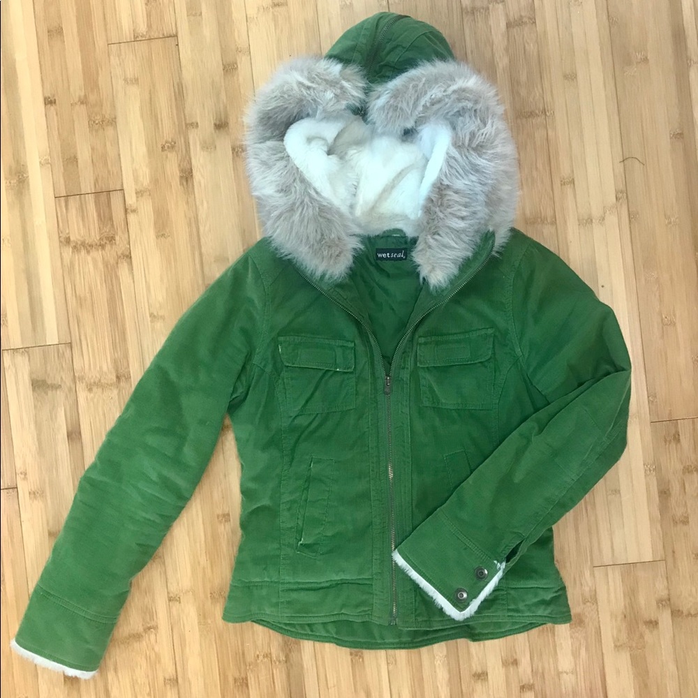 Wet Seal olive green jacket w/ faux fur hood